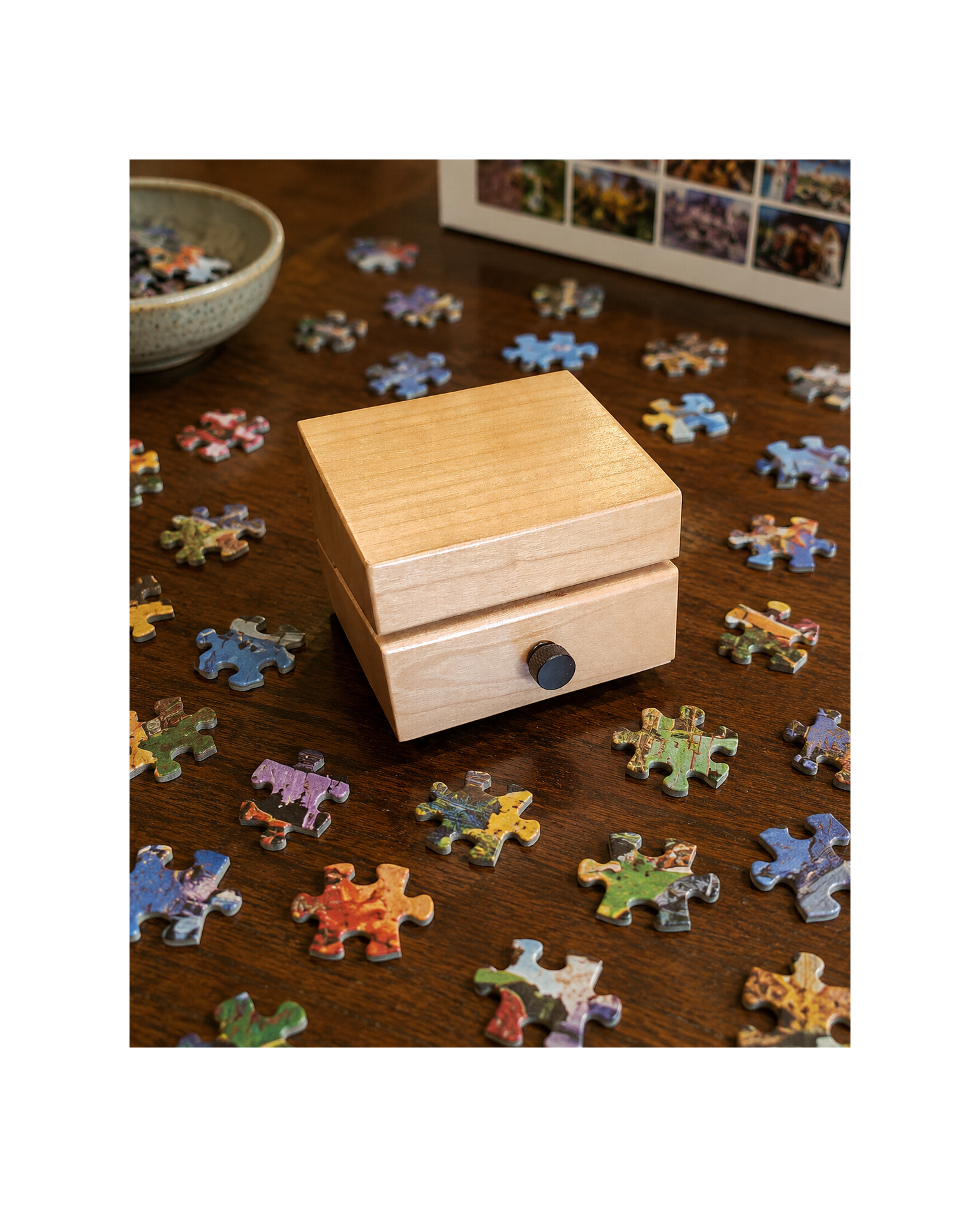 New Patented ROTATING Jigsaw Puzzle Box Top Holder – Solid Cherry Wood Edition