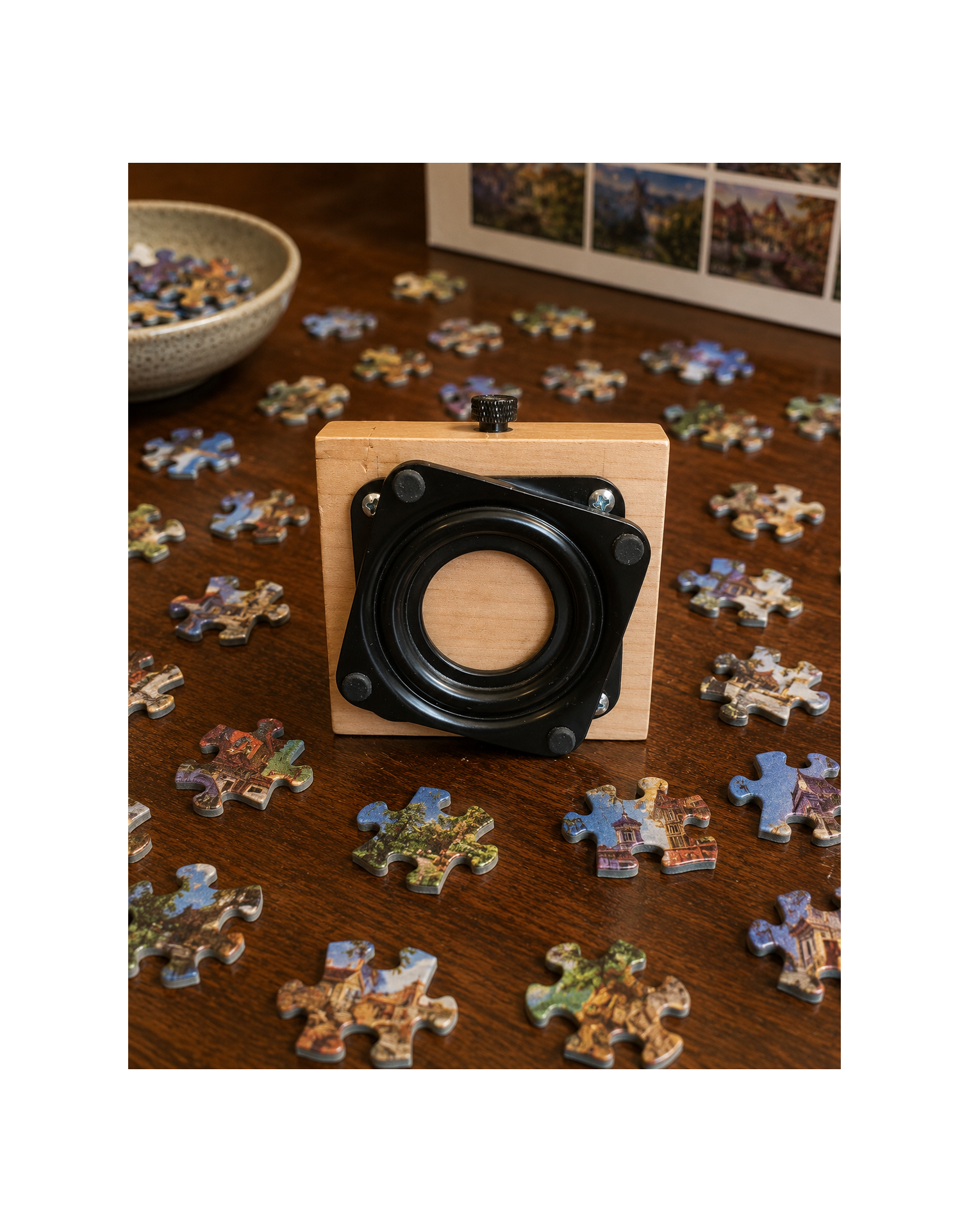 New Patented ROTATING Jigsaw Puzzle Box Top Holder – Solid Cherry Wood Edition